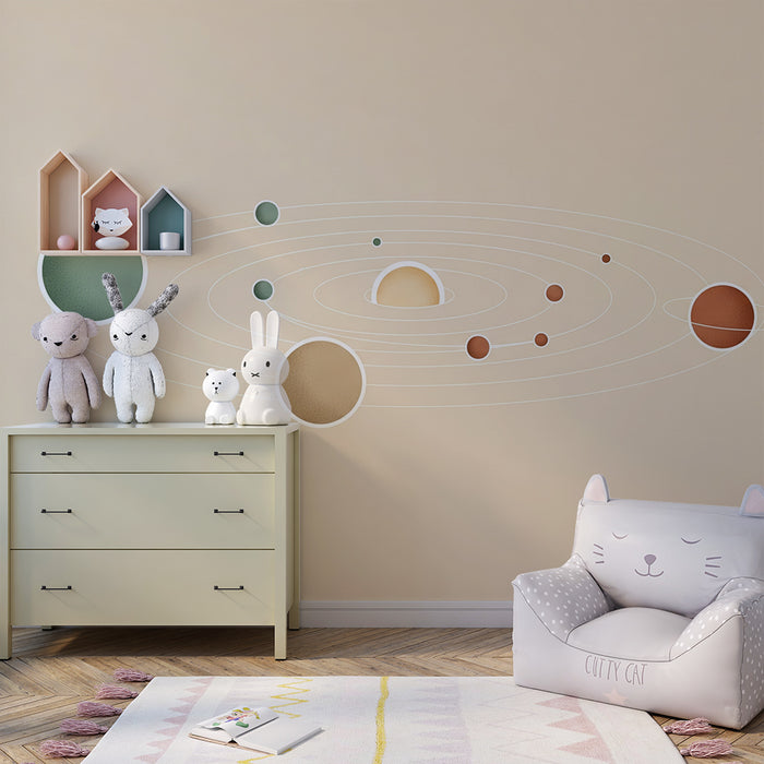Kinderkamer behang | Minimalistisch zonnestelsel met planeten op een beige achtergrond
