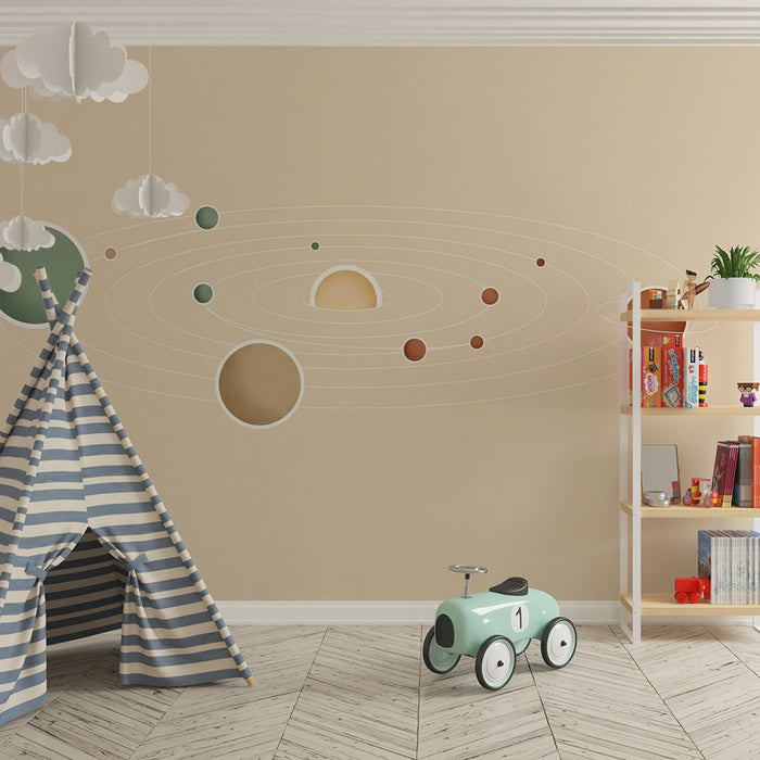 Kinderkamer behang | Minimalistisch zonnestelsel met planeten op een beige achtergrond