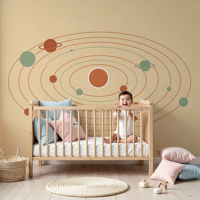 Kids room wallpaper | Stylized solar system with colorful planets