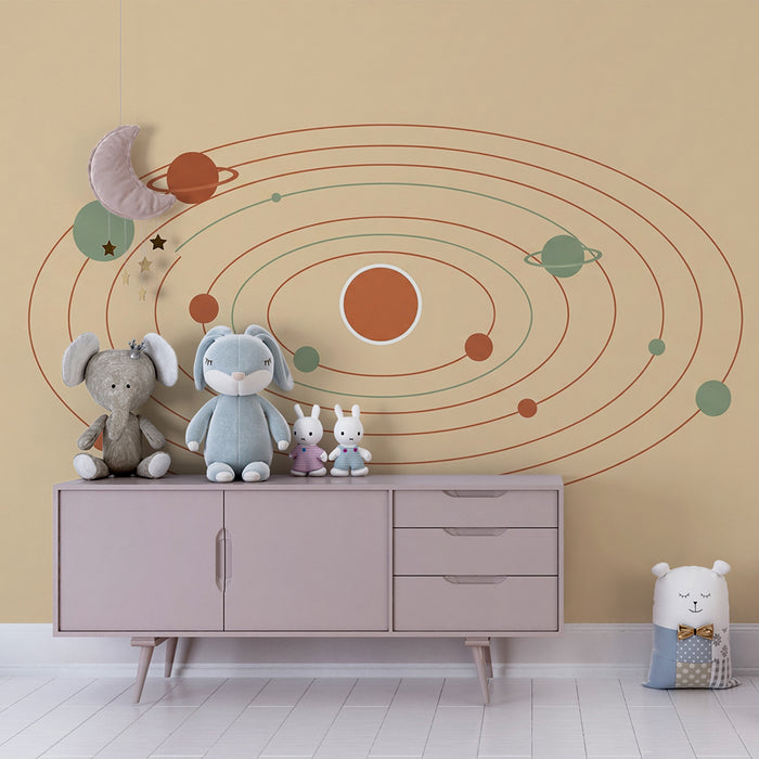 Kids room wallpaper | Stylized solar system with colorful planets