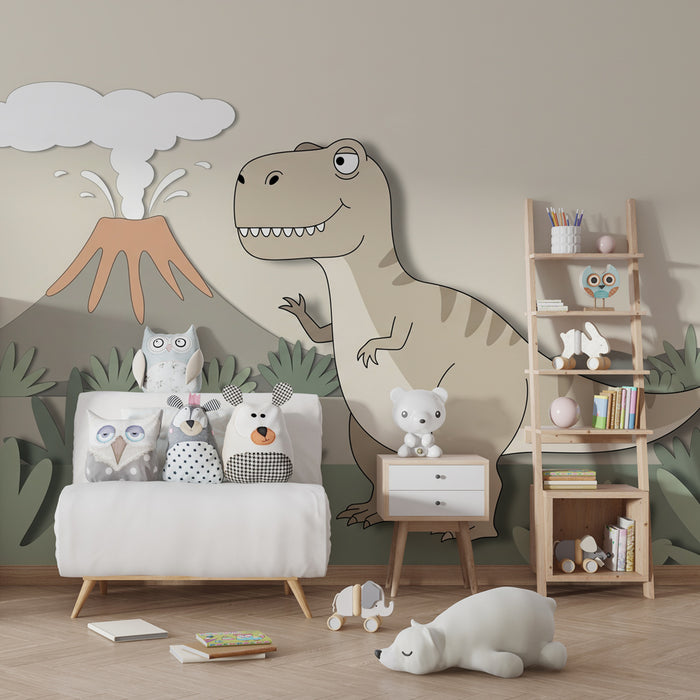 Tapety dla dzieci | T Rex i diplodocus beżowy z zielonym liściem szałwii
