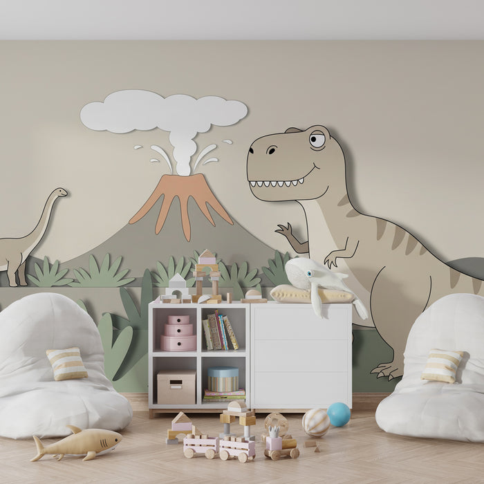 Tapety dla dzieci | T Rex i diplodocus beżowy z zielonym liściem szałwii