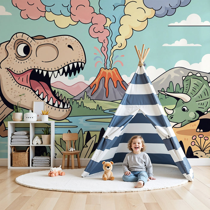 Kinderzimmer Tapete | T Rex und bunter Vulkan