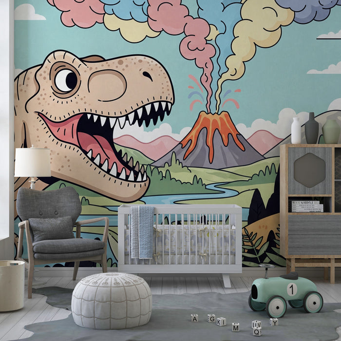 Kinderzimmer Tapete | T Rex und bunter Vulkan