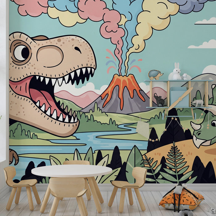 Kinderzimmer Tapete | T Rex und bunter Vulkan