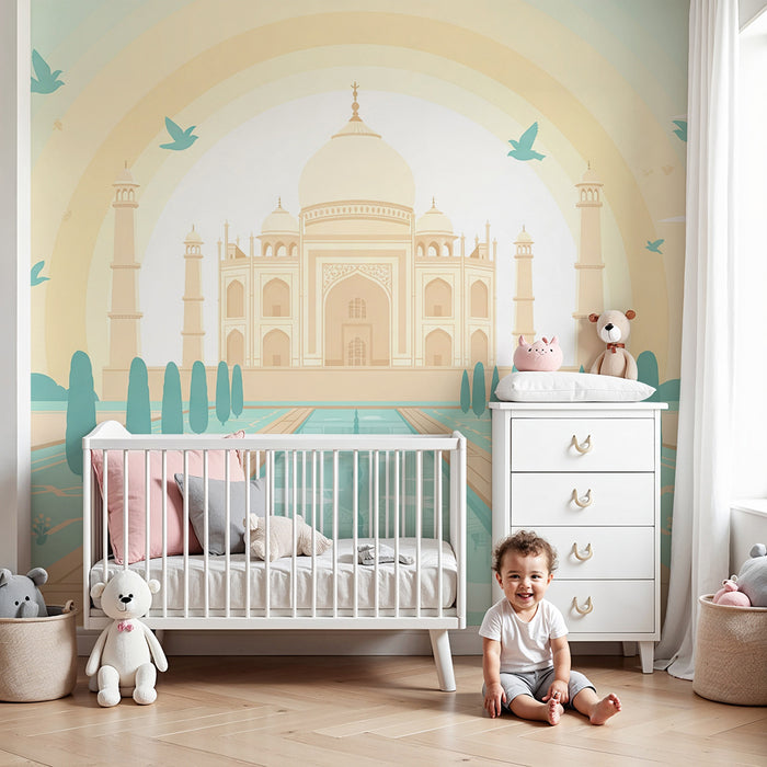 Children's bedroom wallpaper | Taj Mahal and enchanting garden under a pastel sky