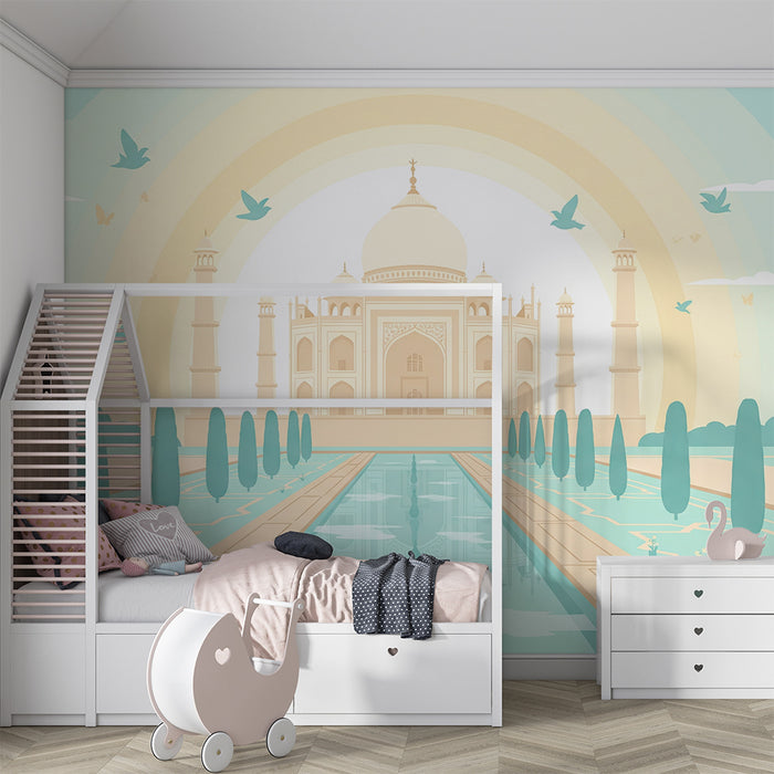 Children's bedroom wallpaper | Taj Mahal and enchanting garden under a pastel sky