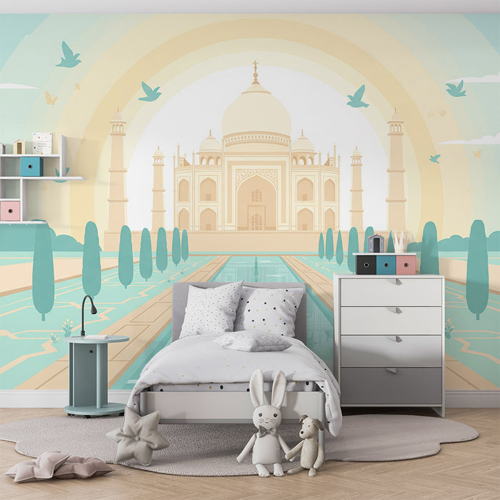 Children's bedroom wallpaper | Taj Mahal and enchanting garden under a pastel sky