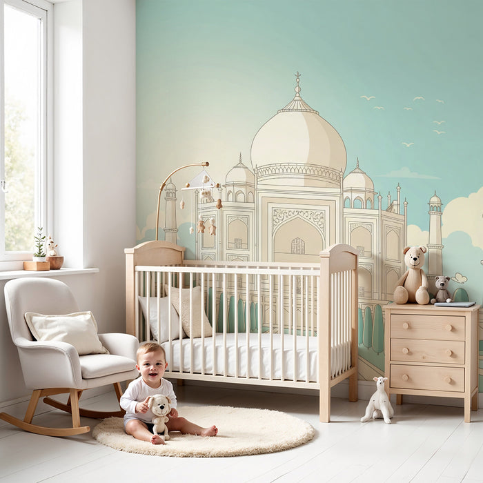 Papel de parede para quarto infantil | Taj Mahal estilizado com céu azul e vegetação calmante