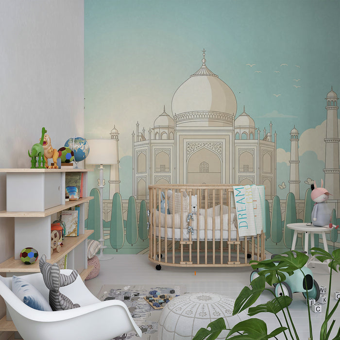 Papel de parede para quarto infantil | Taj Mahal estilizado com céu azul e vegetação calmante