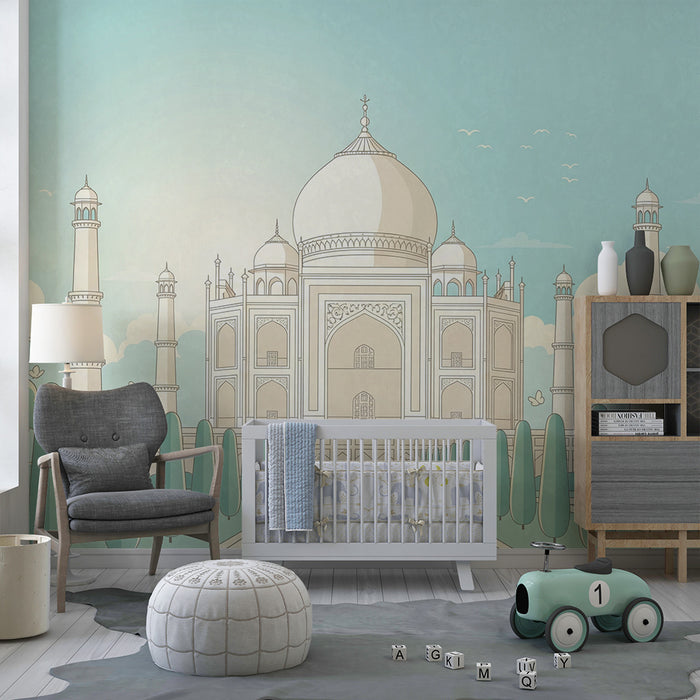Papel de parede para quarto infantil | Taj Mahal estilizado com céu azul e vegetação calmante