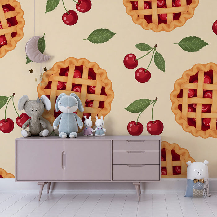 Papel de parede criança | Tartes de cereja e cerejas suculentas em fundo suave