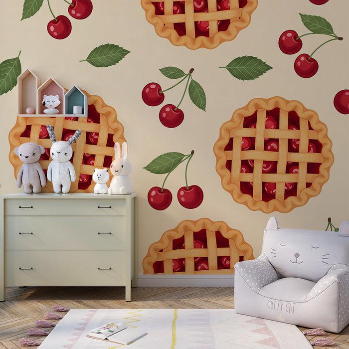 Papel de parede criança | Tartes de cereja e cerejas suculentas em fundo suave