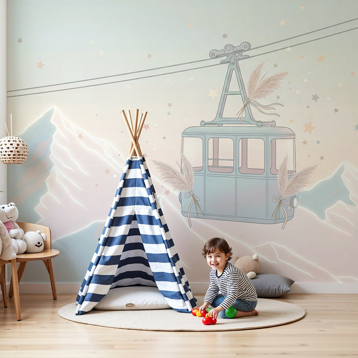 Lastenhuoneen tapetti | Hissi roikkuu pastellivuorten yläpuolella