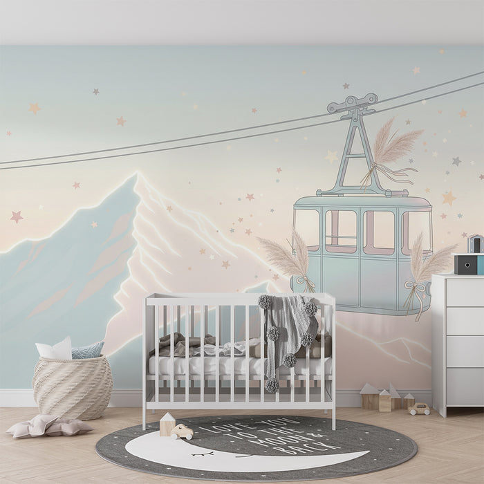 Lastenhuoneen tapetti | Hissi roikkuu pastellivuorten yläpuolella