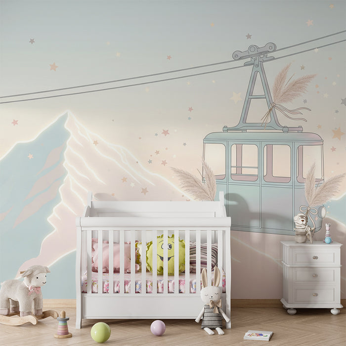 Lastenhuoneen tapetti | Hissi roikkuu pastellivuorten yläpuolella