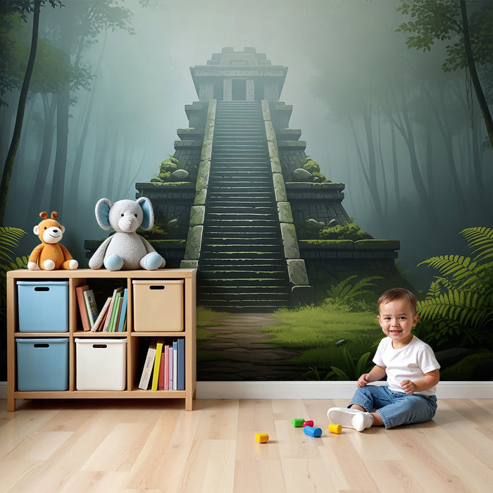 Behang kinderkamer | Oude tempel in het hart van de mistige jungle
