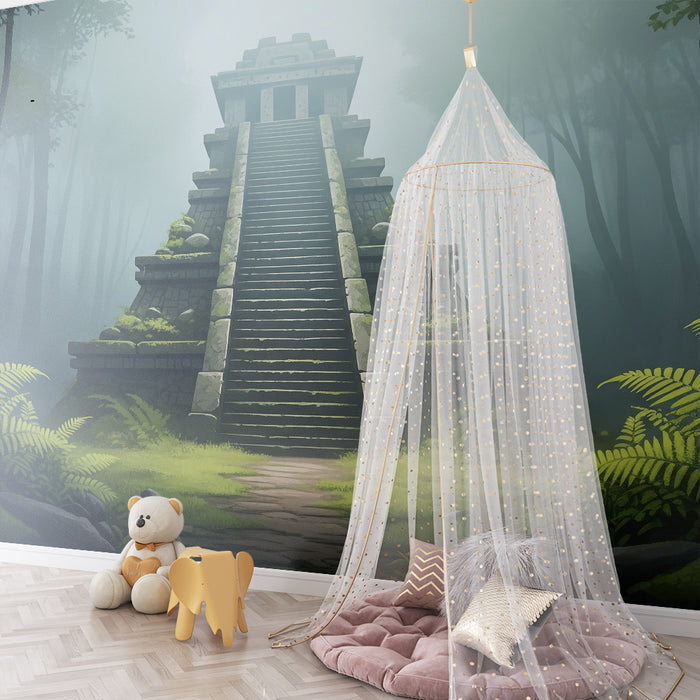 Behang kinderkamer | Oude tempel in het hart van de mistige jungle