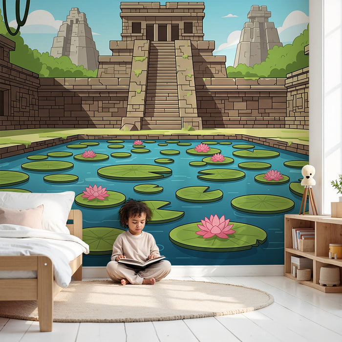 Papier peint chambre enfant | Temple ancien et étang de nénuphars dans une jungle luxuriante
