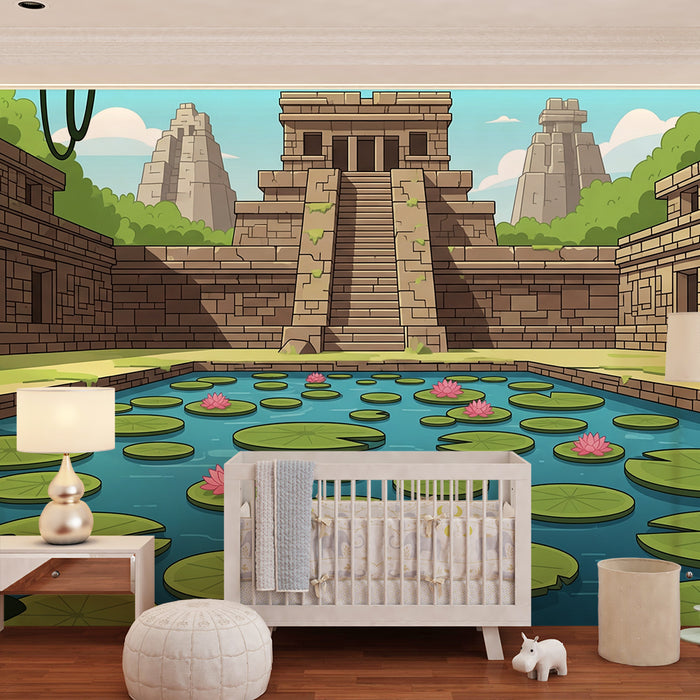 Papier peint chambre enfant | Temple ancien et étang de nénuphars dans une jungle luxuriante
