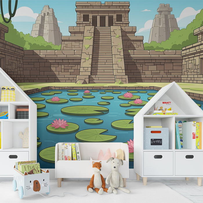 Papier peint chambre enfant | Temple ancien et étang de nénuphars dans une jungle luxuriante