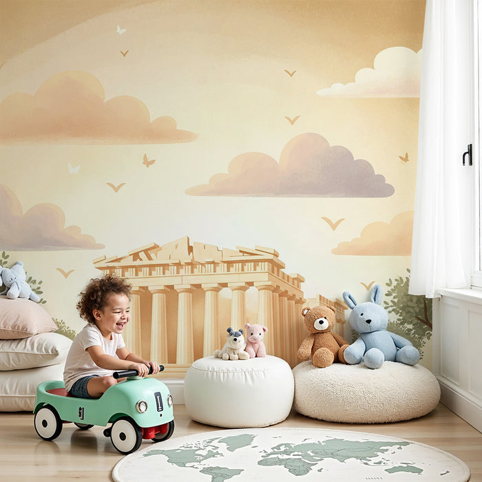 Papier peint chambre enfant | Temple antique et ciel nuageux dans des tons doux