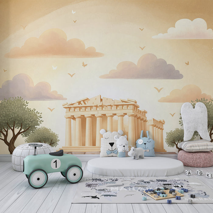 Papier peint chambre enfant | Temple antique et ciel nuageux dans des tons doux