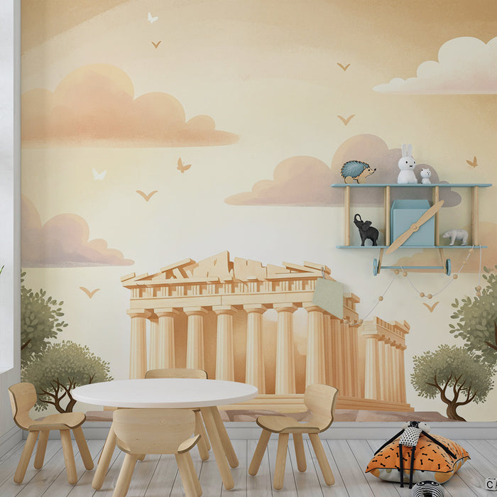 Papier peint chambre enfant | Temple antique et ciel nuageux dans des tons doux