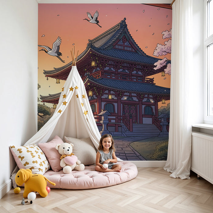 Carta da parati per camera bambini | Tempio giapponese al tramonto con ciliegi in fiore
