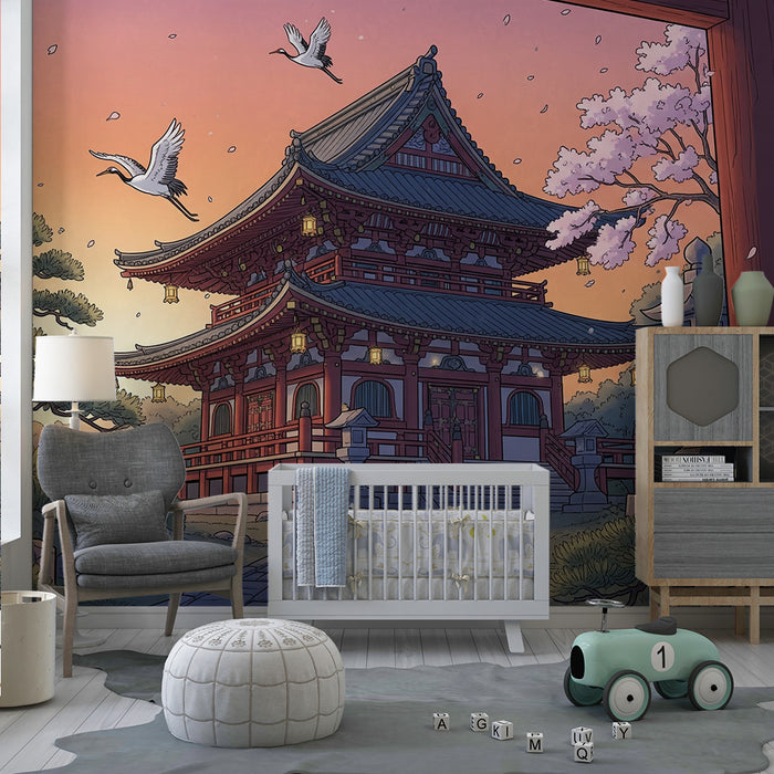 Carta da parati per camera bambini | Tempio giapponese al tramonto con ciliegi in fiore