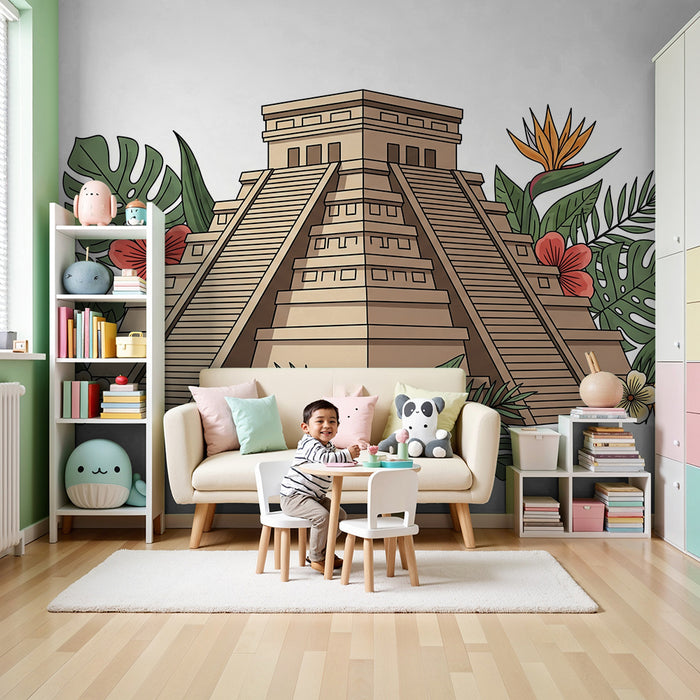 Papier peint chambre enfant | Temple maya entouré de fleurs tropicales
