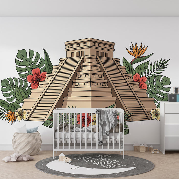 Papier peint chambre enfant | Temple maya entouré de fleurs tropicales