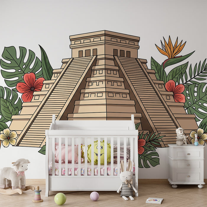 Papier peint chambre enfant | Temple maya entouré de fleurs tropicales
