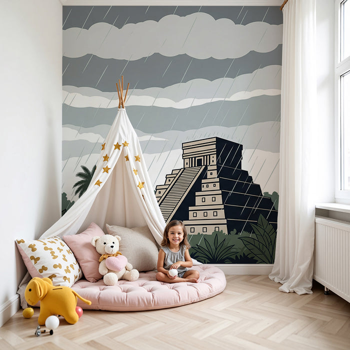 Kids' room wallpaper | Mysterious temple in the rain with lush jungle