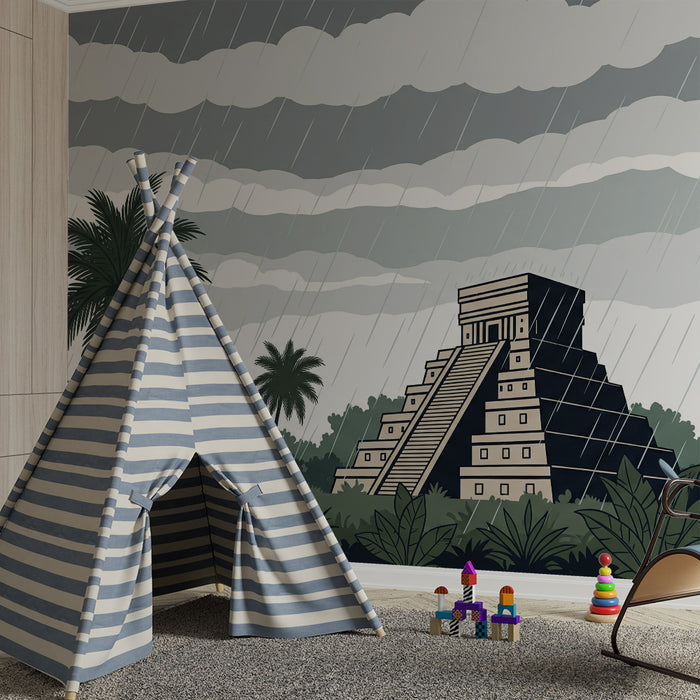 Kids' room wallpaper | Mysterious temple in the rain with lush jungle