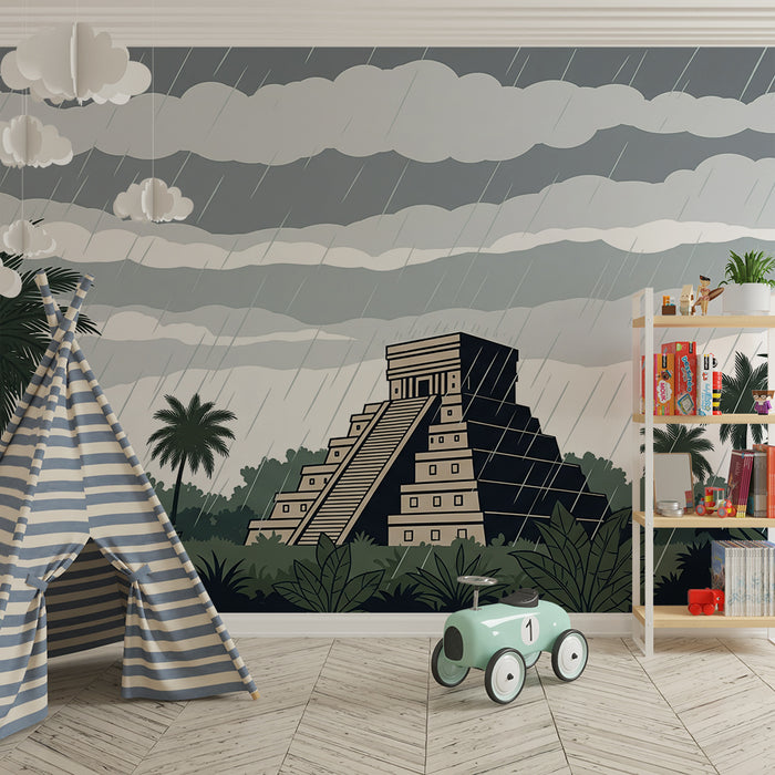 Kids' room wallpaper | Mysterious temple in the rain with lush jungle