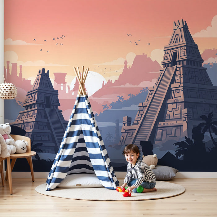 Kids' Room Wallpaper | Ancient Temples at Sunset in a Mysterious Jungle