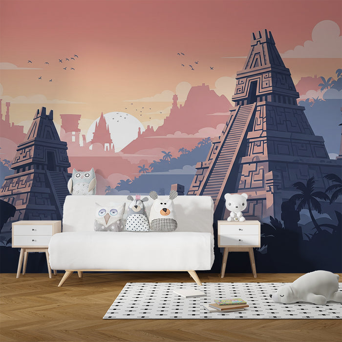 Kids' Room Wallpaper | Ancient Temples at Sunset in a Mysterious Jungle