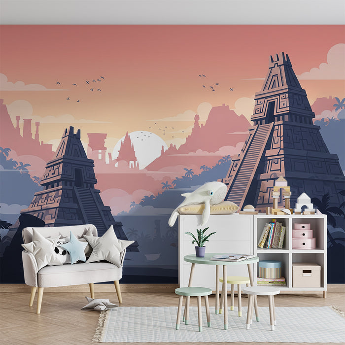 Kids' Room Wallpaper | Ancient Temples at Sunset in a Mysterious Jungle