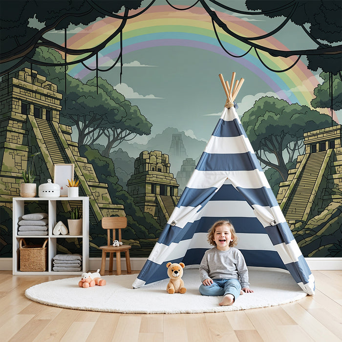 Papier peint chambre enfant | Temples anciens et arc-en-ciel au cœur de la jungle