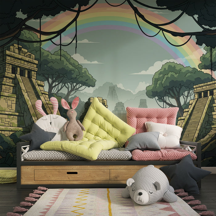 Papier peint chambre enfant | Temples anciens et arc-en-ciel au cœur de la jungle