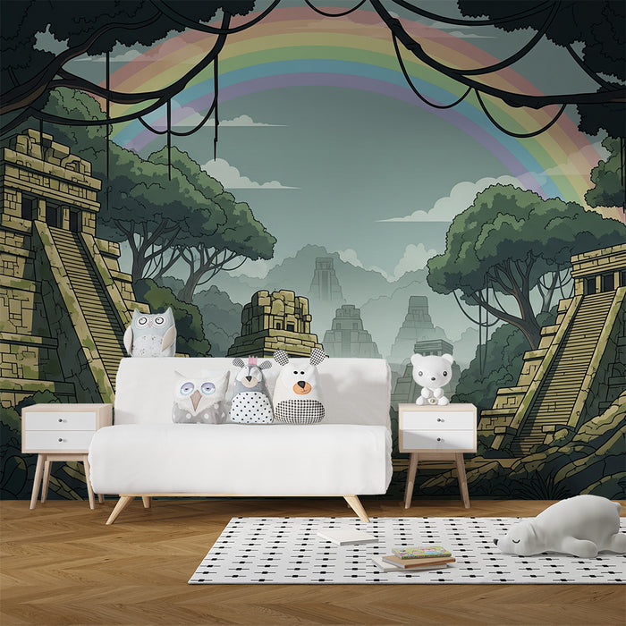 Papier peint chambre enfant | Temples anciens et arc-en-ciel au cœur de la jungle