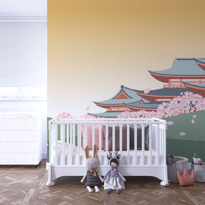 Barntapet | Japanska tempel under blommande körsbärsträd