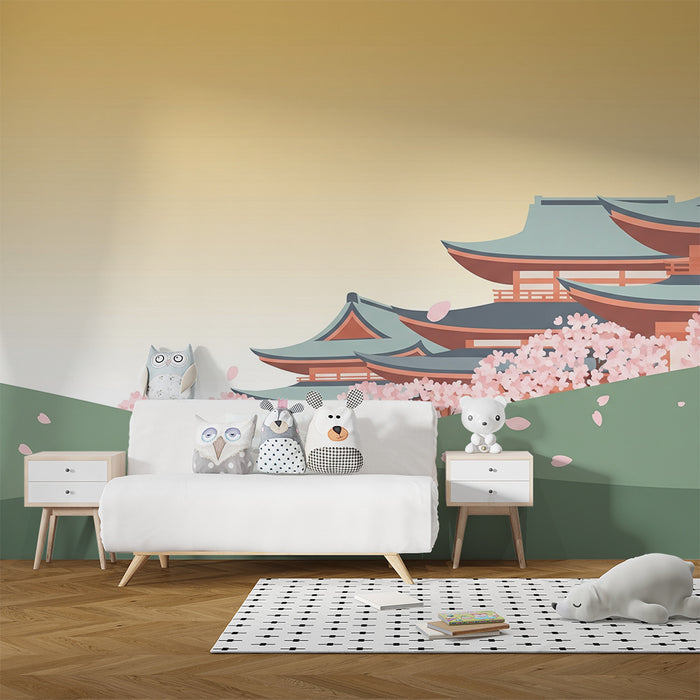 Barntapet | Japanska tempel under blommande körsbärsträd