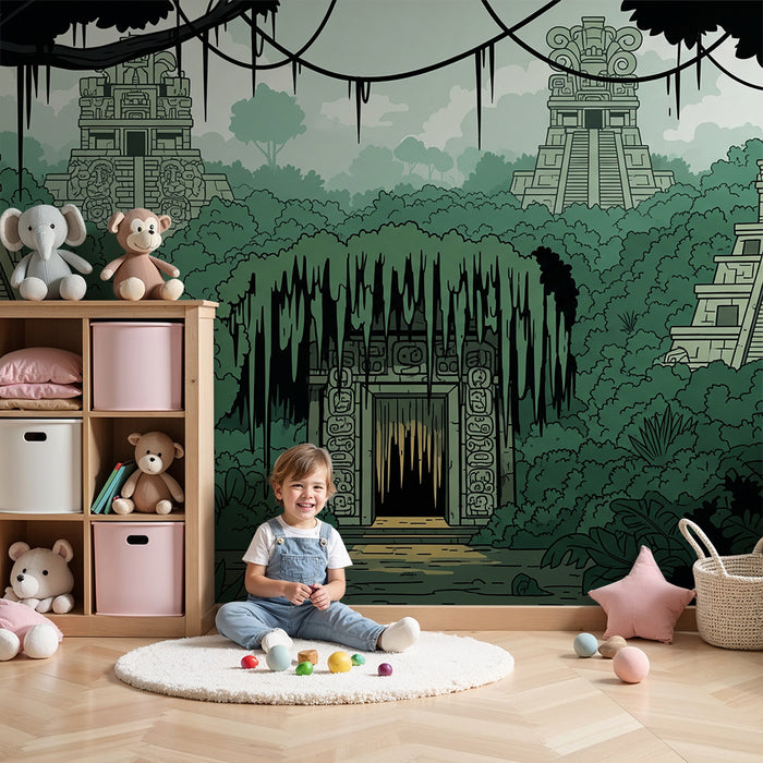 Papier peint chambre enfant | Temples mystérieux au cœur de la jungle verdoyante