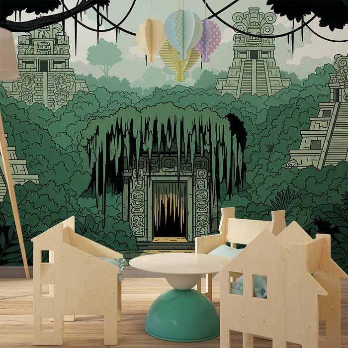Papier peint chambre enfant | Temples mystérieux au cœur de la jungle verdoyante