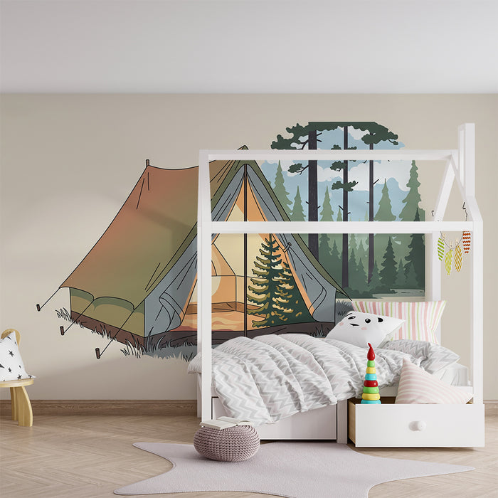 Børneværelse tapet | Teltcamping i en fredelig skov