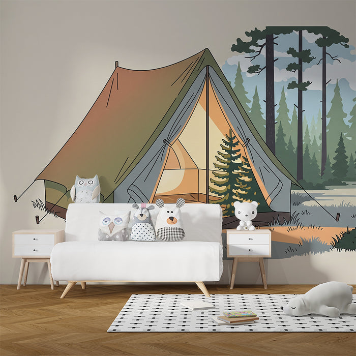Børneværelse tapet | Teltcamping i en fredelig skov