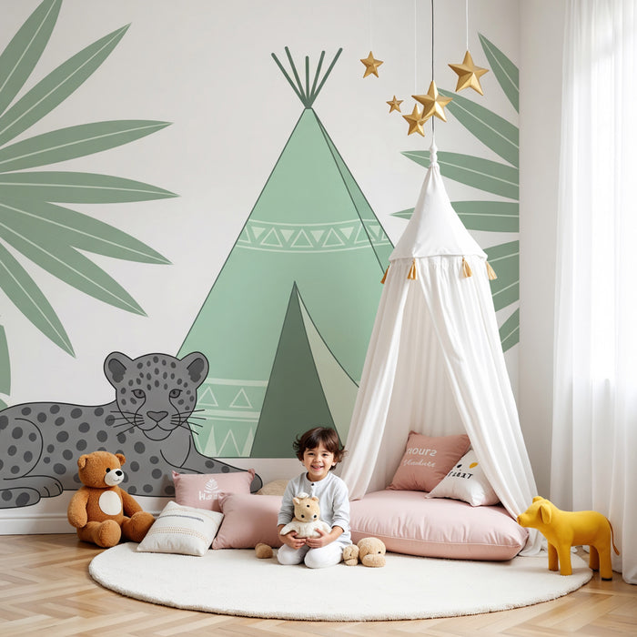 Papel pintado infantil | Tienda y leopardo en la selva tropical