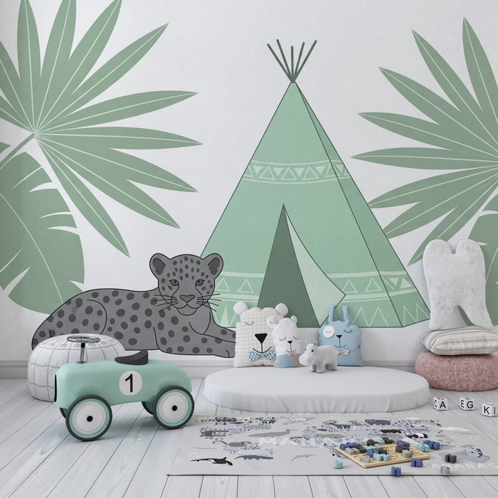 Papel pintado infantil | Tienda y leopardo en la selva tropical
